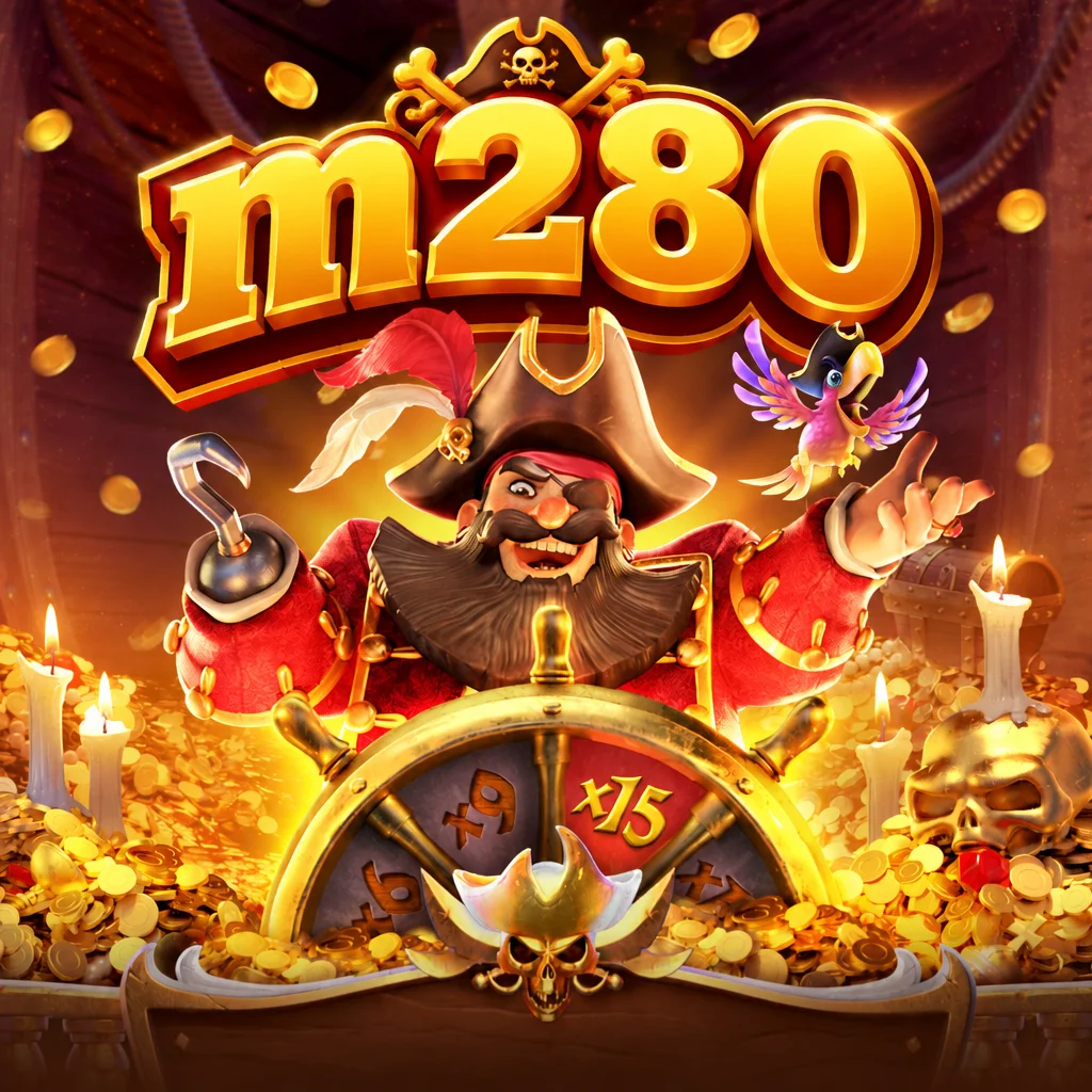 โลโก้ m280 และกัปตันโจรสลัดเคราดกพร้อมพวงมาลัยเรือใน Captain's Bounty
