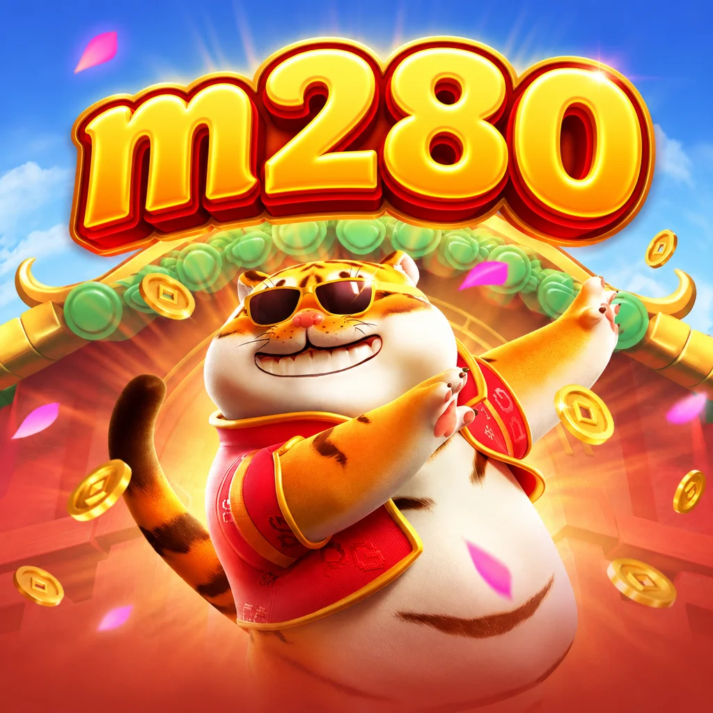 โลโก้ m280 พร้อมตัวละครเสือสวมแว่นตาดำและเหรียญทองใน Fortune Tiger